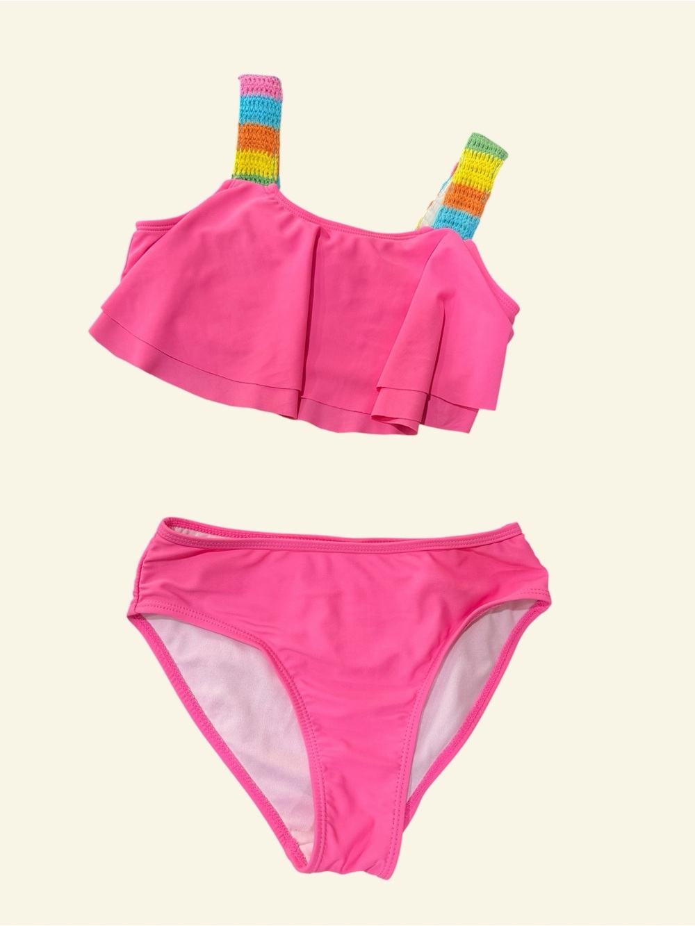 Betsey Johnson Hot Pink Ruffle Bikini with Rainbow Crochet Straps